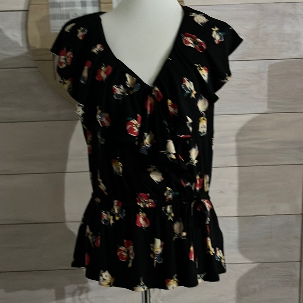 NEW LRL Floral Black Blouse with Ruffle Sleeves M